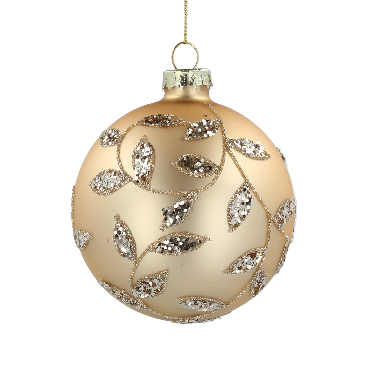 Gisela Graham Matt Gold Glass Bauble With Gold Sparkly Leaves