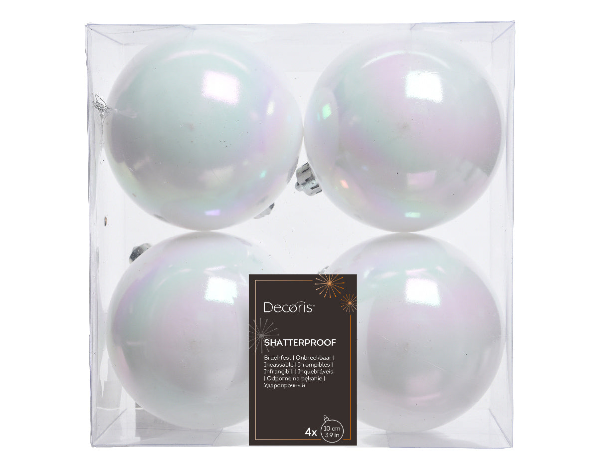Set of 4 Large Shiny White Iridescent Shatterproof Baubles - 10cm