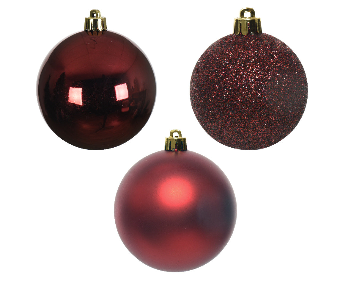 Oxblood Red Shatterproof Matt, Shiny and Glitter Assorted Baubles - Tube of 34
