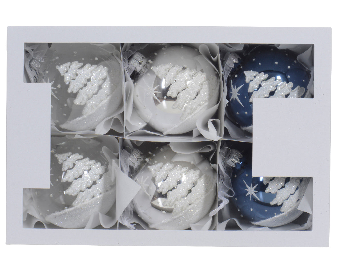 Glass White Snowy Glitter Trees Bauble in Blue/Silver/Clear - Single