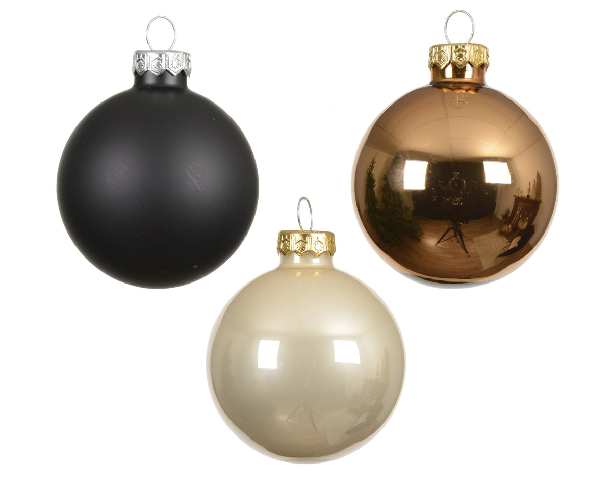 Matte Black, Shiny Gold and Enamel Glass Baubles 8cm - Pack of 16