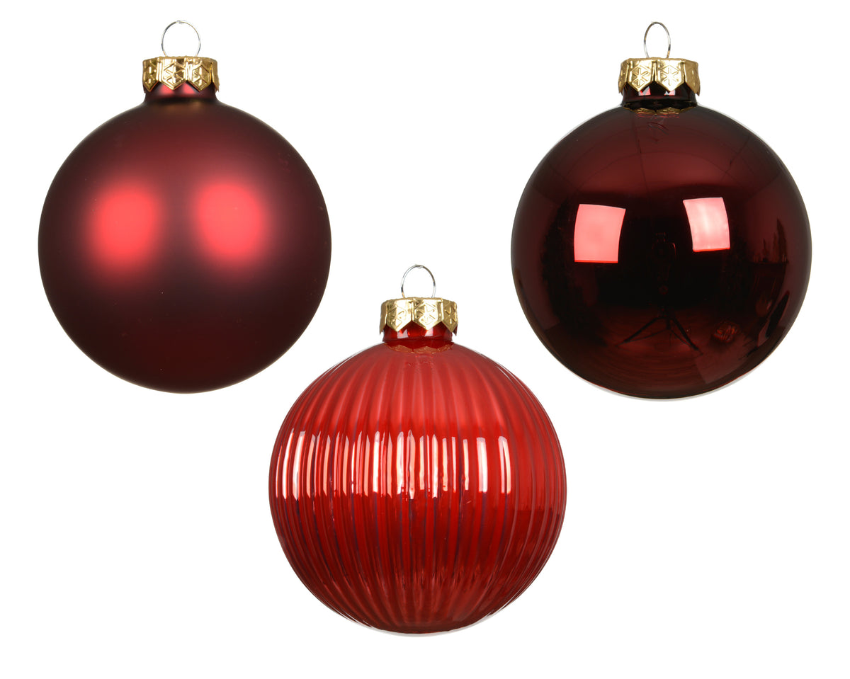 Matte & Shiny Red Textured Glass Baubles 8cm - Pack of 16