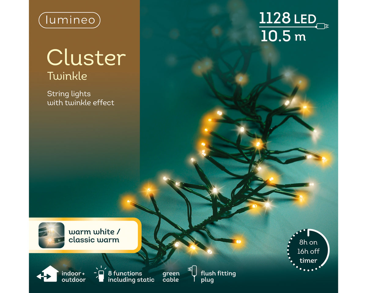 Lumineo Warm White LED Cluster Lights Twinkle Effect Outdoor Lights 10.5m Green Cable - 1128 LEDS