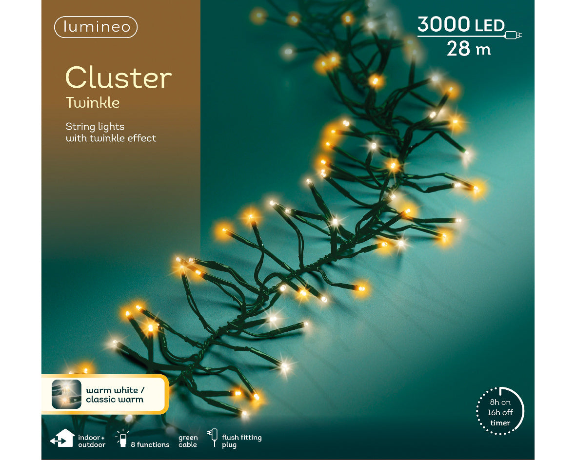 Lumineo Warm White LED Cluster Lights Twinkle Effect Outdoor Lights 28m Green Cable - 3000 LEDS