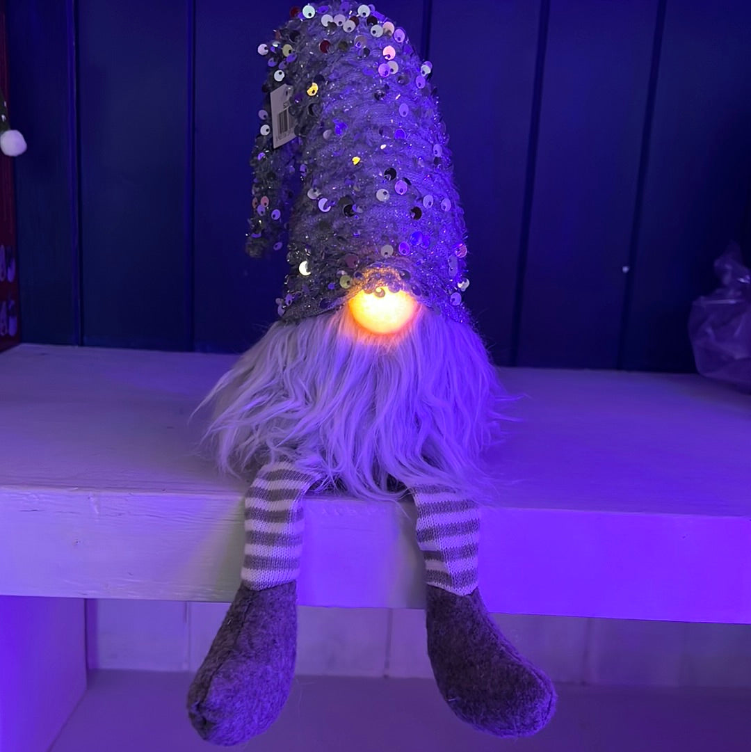 Light Up LED Large Grey Sequin Hat Dangly Leg Sitting Christmas Gonk