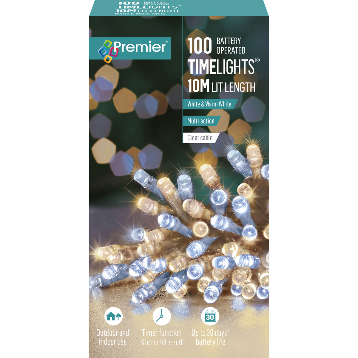 Battery Operated Multi Action White & Warm White Mix Coloured LED Timelights Clear Cable
