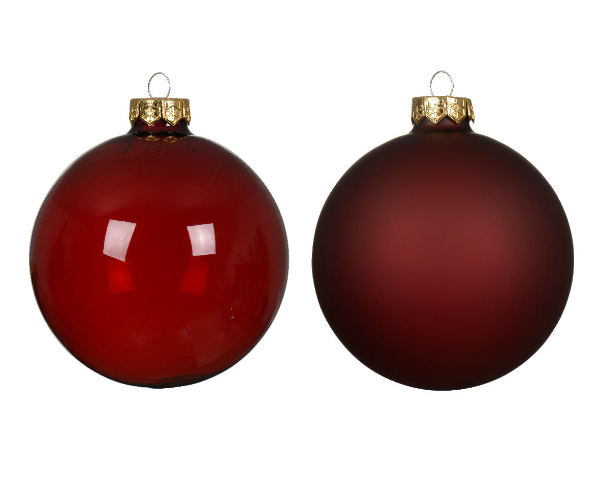 Large Oxblood Red Transparent Glass Baubles Shiny & Matte 10cm - Box of 3