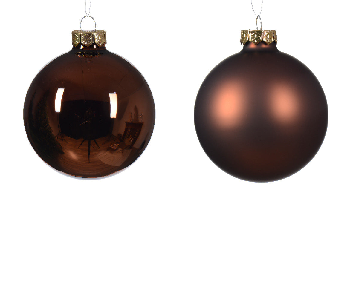 Espresso Brown Mixed Matt & Shiny 8cm Glass Baubles - Tube of 6