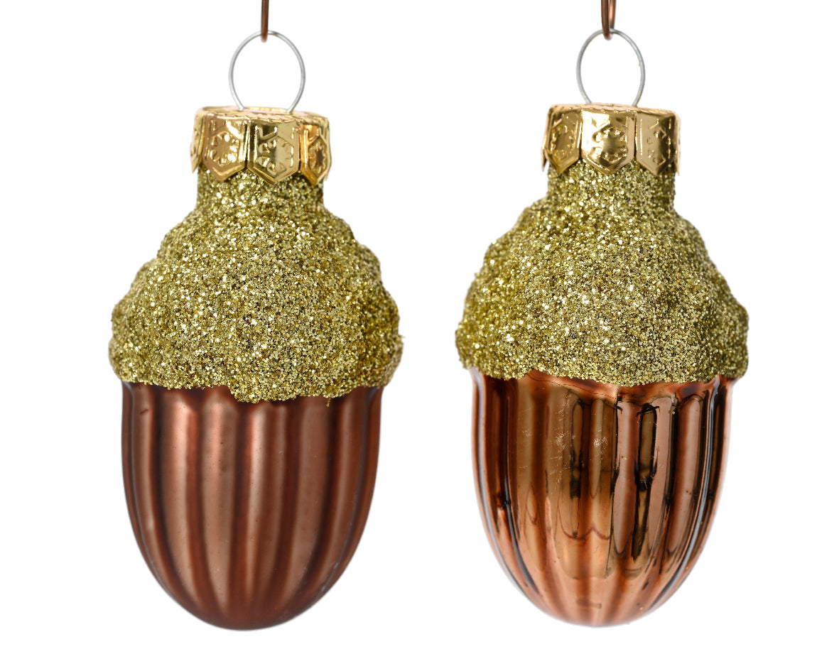 Espresso Glass Acorns with Matt & Shiny Glitter Finish - Pack of 12