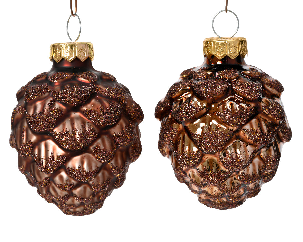 Espresso Glass Pinecone Baubles with Matt & Shiny Glitter Finish - Pack of 6