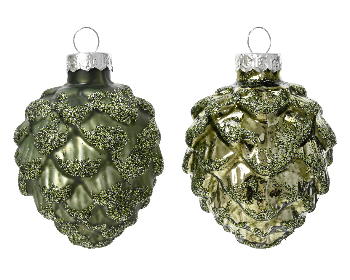 Rosemary Green Glass Pine Cone Baubles with Matte & Shiny Finish - Box of 6