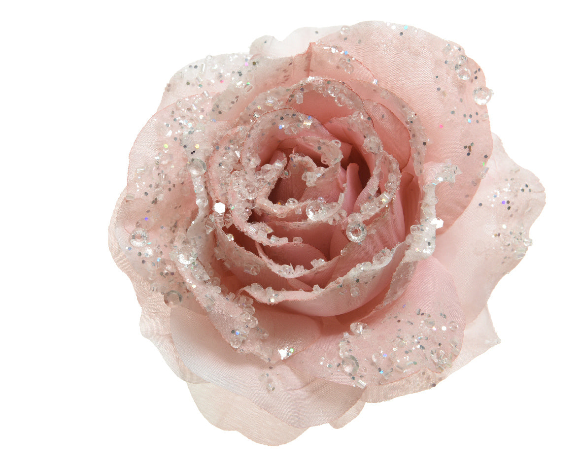 Blush Pink Glitter Rose on a Clip - 14cm