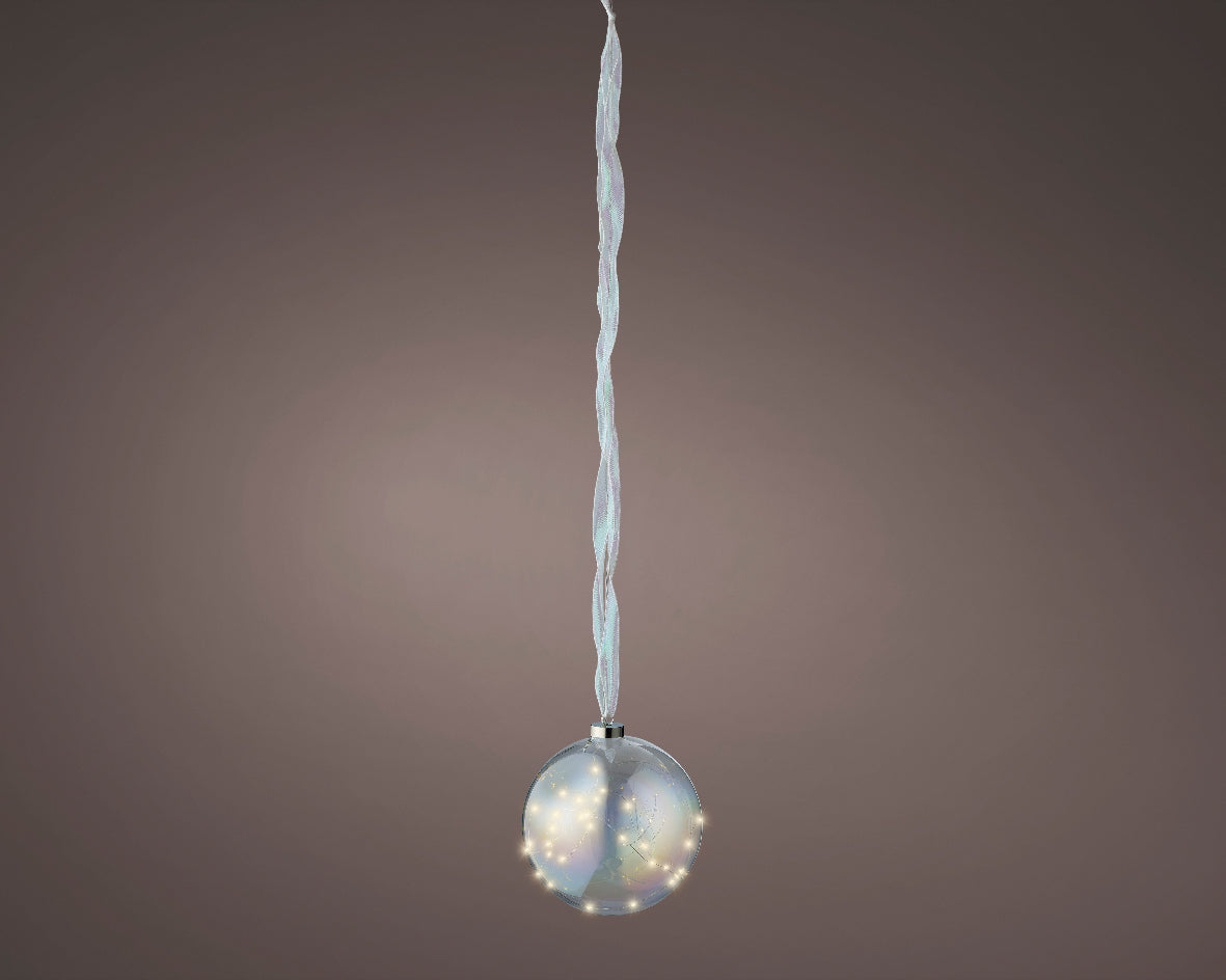 Battery Operated Micro LED Warm White Glass Iridescent Ball with Ribbon Hanger - 20cm