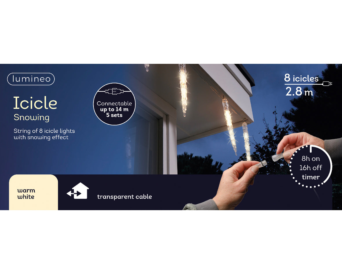 Lumineo Connectable Warm White LED Snowfall Effect Icicle Lights with Transparent Cable - 2.8m 8 Icicles