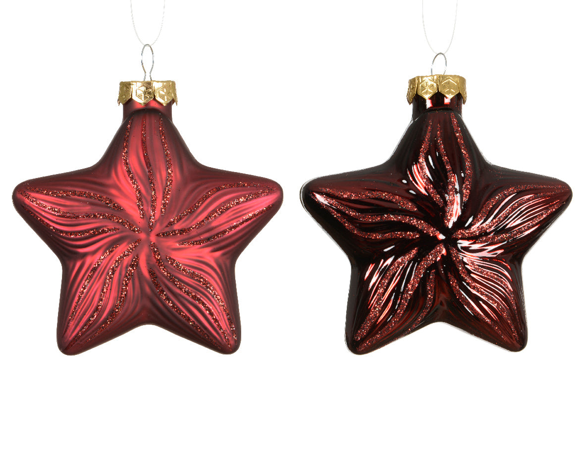 Oxblood Red Glass Star Shiny & Matte Glitter Baubles - Box of 2