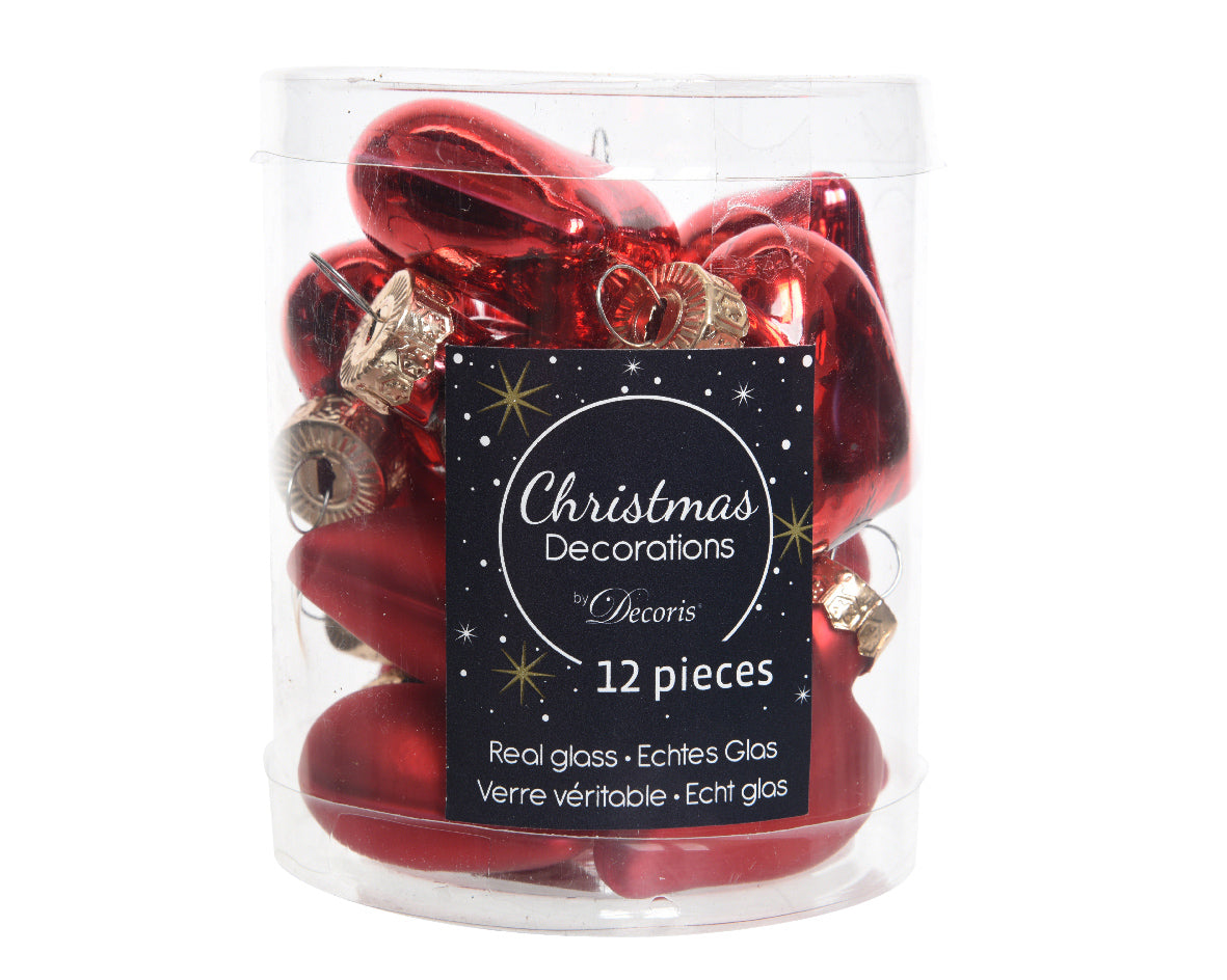 Red Heart Shaped Glass Baubles in Enamel and Matt Finish- Box of 12
