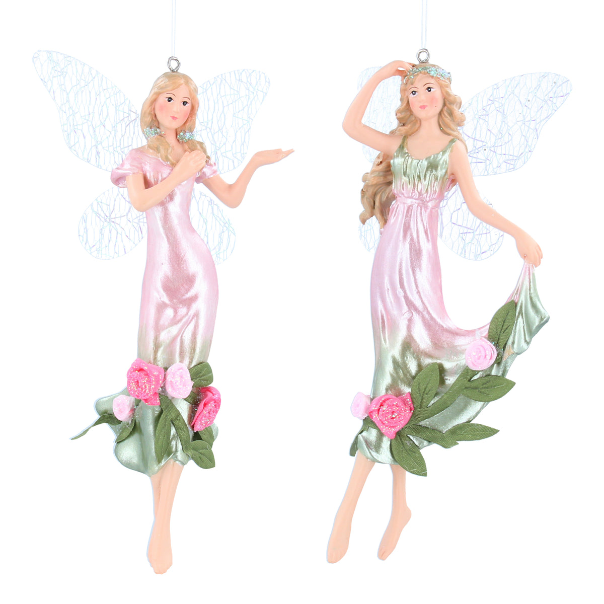 Gisela Graham - Stunning Pink/Green Resin Tall Fairy with Rose Dress Christmas Tree Decoration / Bauble