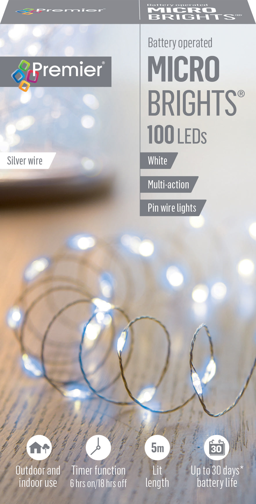 Battery Operated Cold / Cool / Bright White Multi Action Pin Wire Microbrights with Timer in