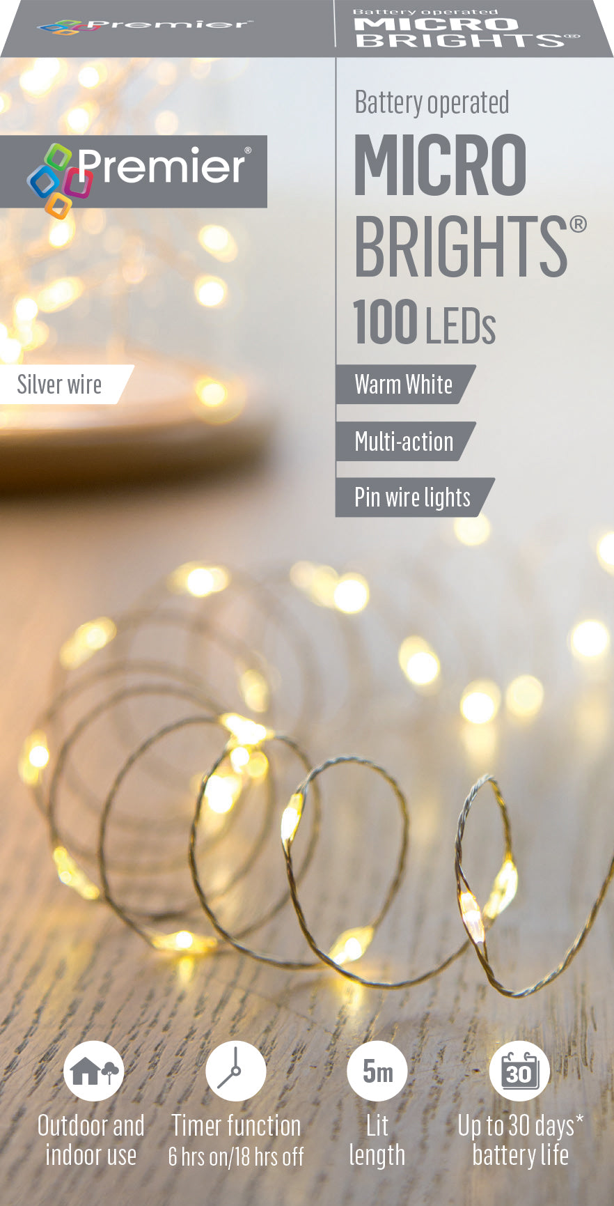 Battery Operated Warm White Multi Action Pin Wire Microbrights with Timer