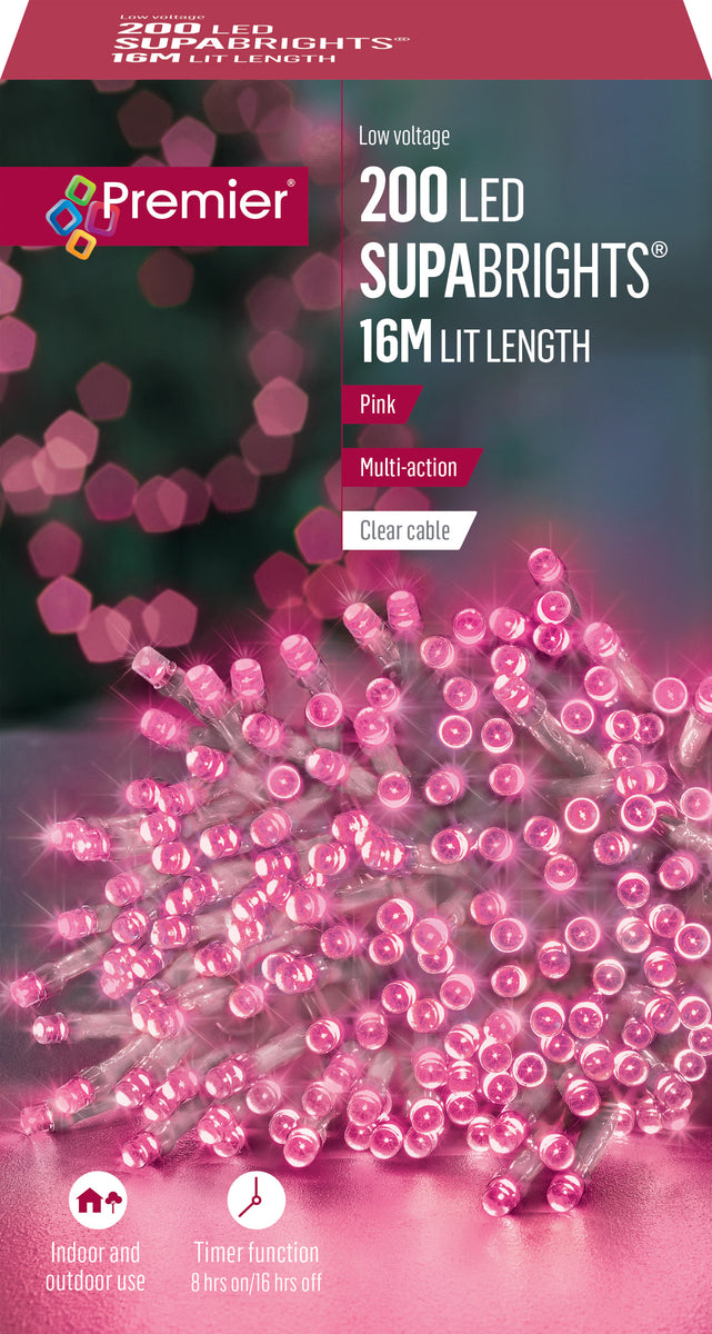 Premier 200 Pink LED Multi Action SupaBrights with Clear Cable & Timer ...