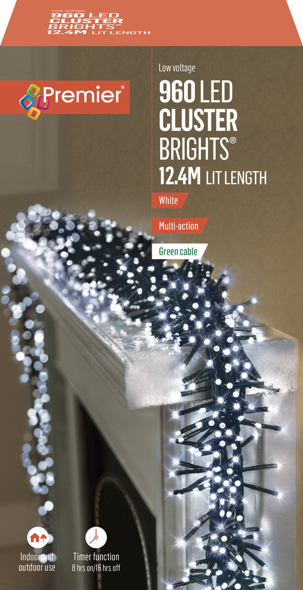Premier - Cold / Cool White LED Multi Action Christmas Cluster Lights ...