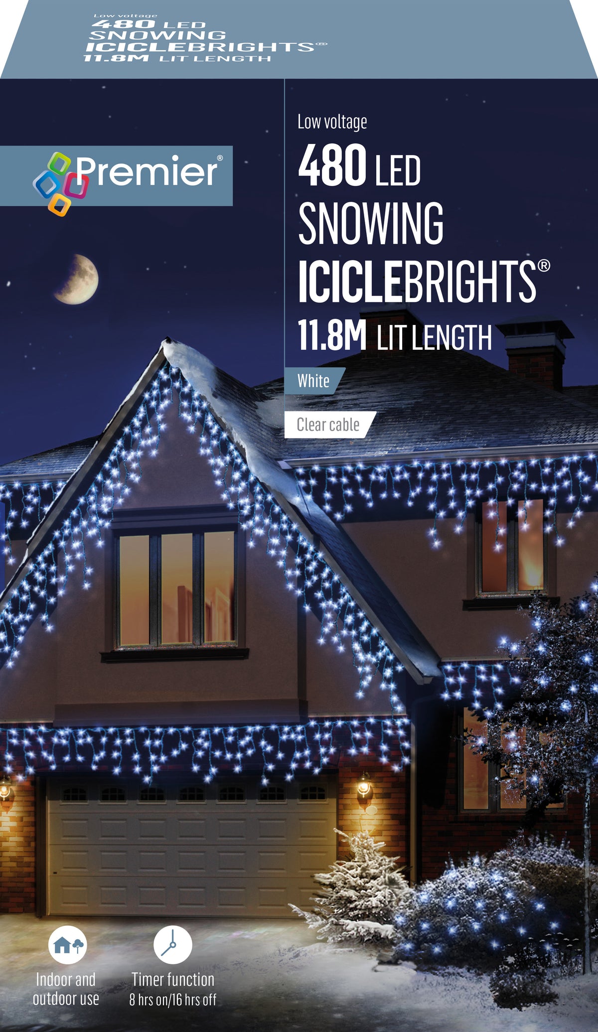 Premier - Cold / Cool White Snowing Iciclebrights Icicle Lights with Timer & Multi Action on