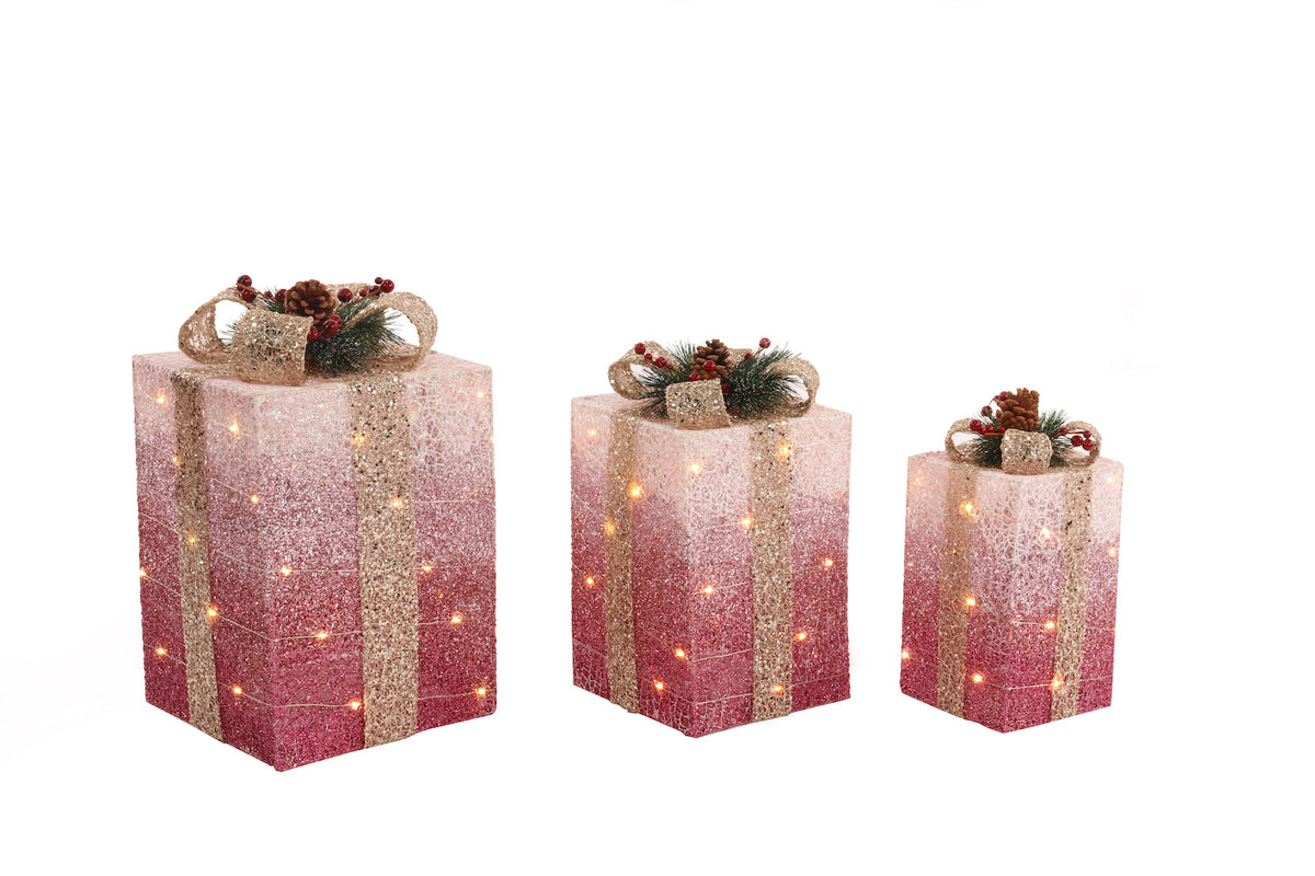 Plum & Gold LED Light Up Present Parcels Set of 3 Southwood
