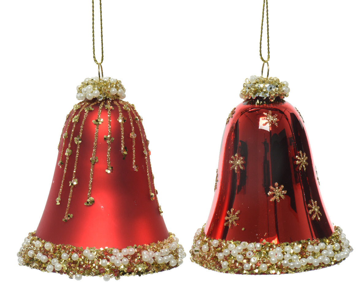 Glass Matt / Shiny Bell Hanging Decoration with Bead and Pearl Accents - Pack of 2