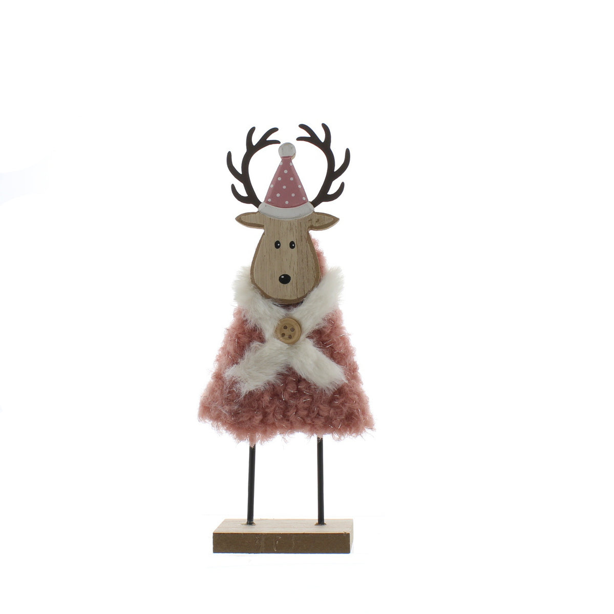 Wooden Reindeer with Pink Hat & Fur - 19cm