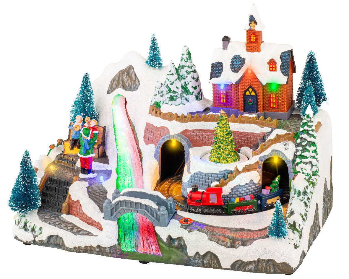 Large Animated LED Christmas Village Scene with Rotating Train, LED Ri