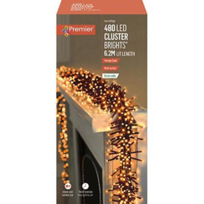 Premier - Vintage Gold LED Multi Action Christmas Cluster Lights Clust ...