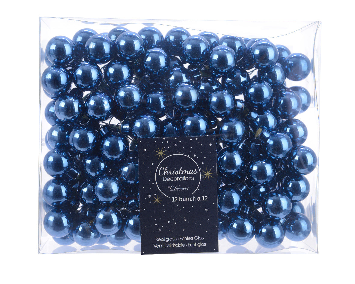 Night Blue Mini Glass Baubles on a Wire - Bunch of 10 (2cm) - Shiny Finish