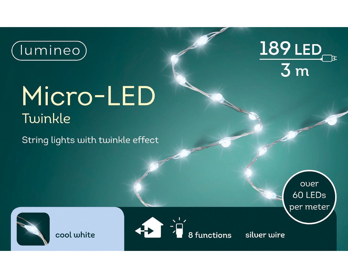 Cool White Dense Micro LED Twinkle String Lights with Silver Cable