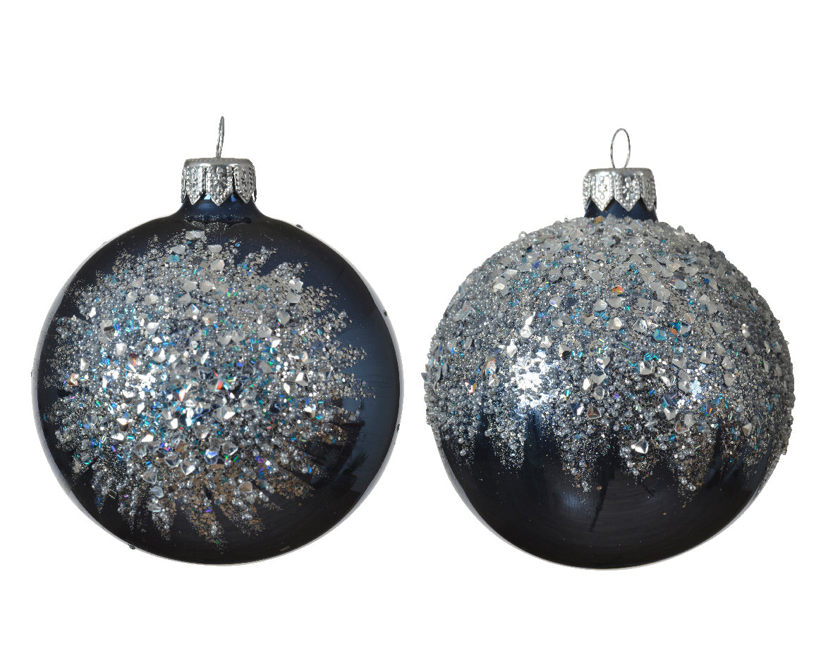 Night Blue Shiny Glass Bauble with Diamond Beads