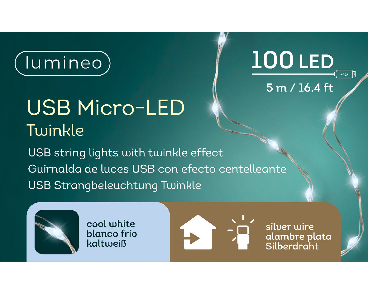 Cool White USB Micro LED Twinkle String Lights with Silver Cable