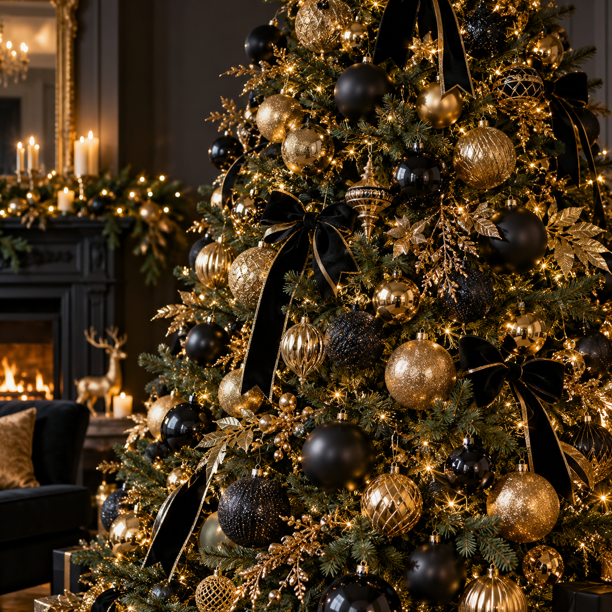 Black and gold Christmas tree with glittering gold baubles and velvet ribbon