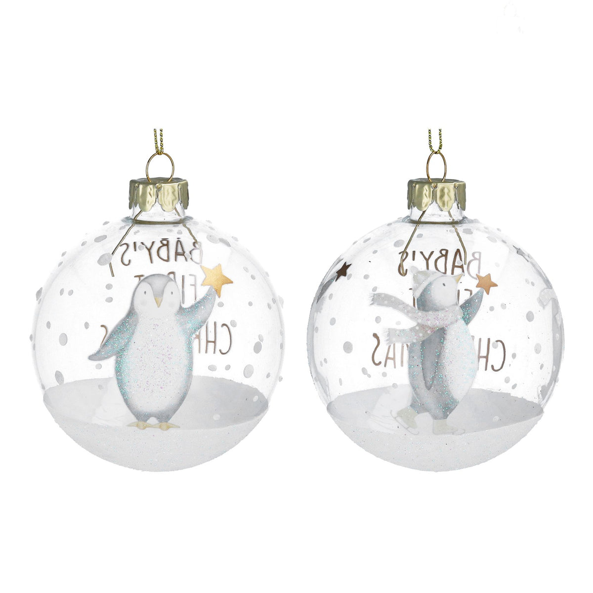 Gisela Graham Clear Baby's 1st Christmas with Penguin Glass Ball Bauble - 8cm