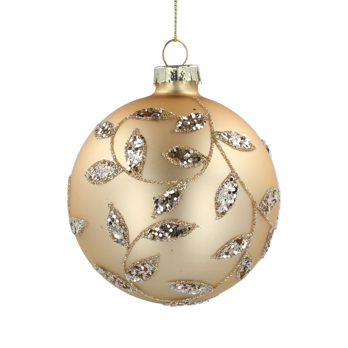 Gisela Graham - Matt Gold Glass Bauble with Gold Sparkly Leaves