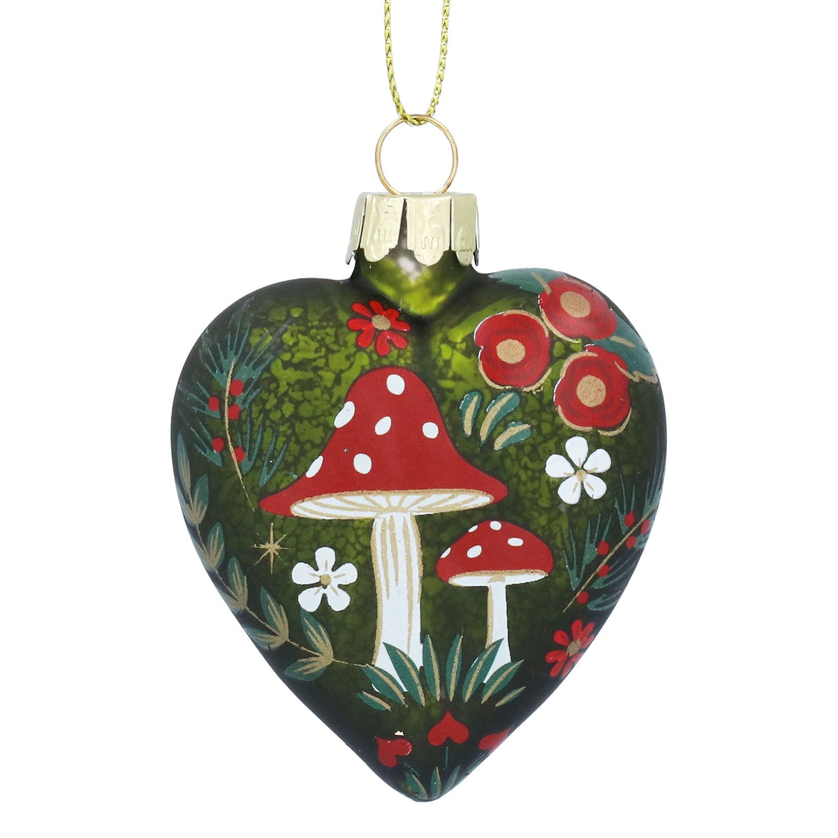 Gisela Graham Antique Moss Green with Toadstools Glass Heart Bauble - 8cm