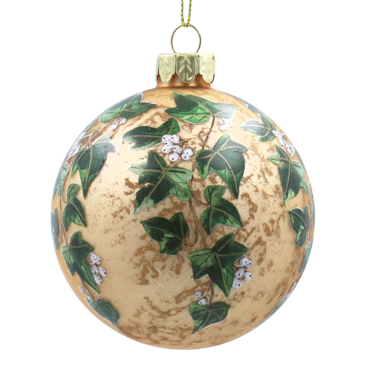 Gisela Graham Round Glass Ball Antique Gold with Ivy Leaves Christmas Bauble - 8cm