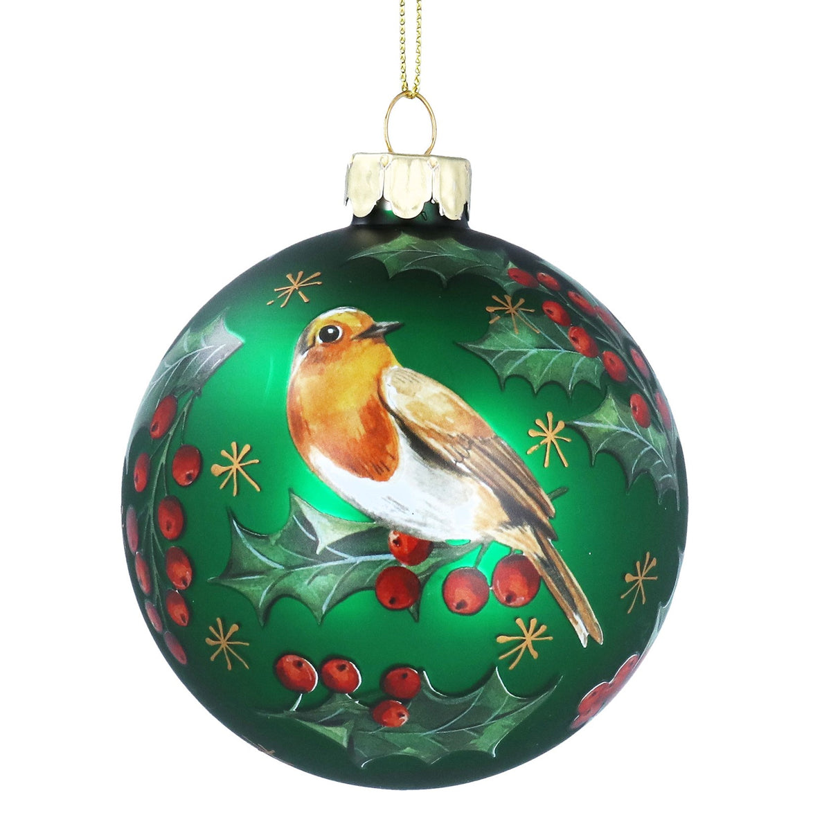 Gisela Graham Matt Forest Green Painted Robin & Holly Glass Ball Bauble - 8cm