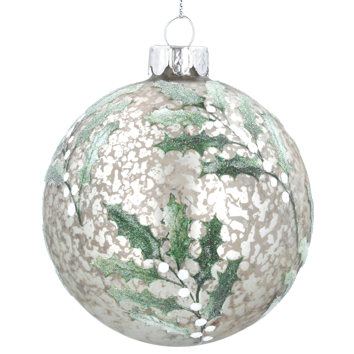 Gisela Graham - Antique White/Silver with Holly and White Berries Ball Christmas Tree Decoration / Bauble
