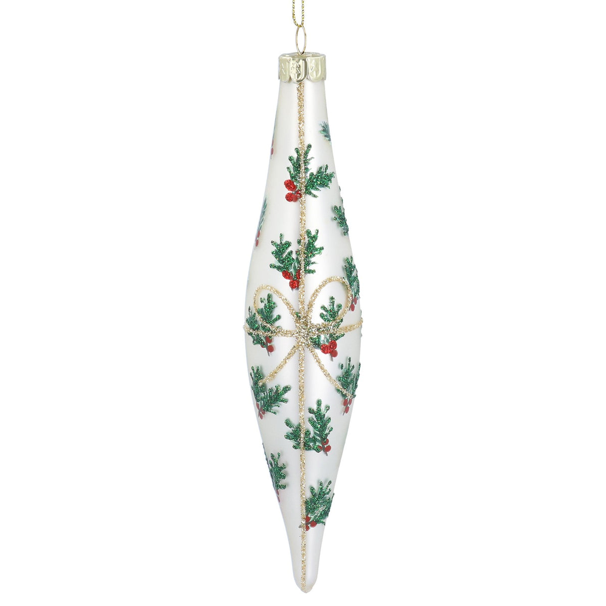 Gisela Graham Matt Oyster Nostalgia Holly with Gold Bow Glass Icicle Bauble - 18cm