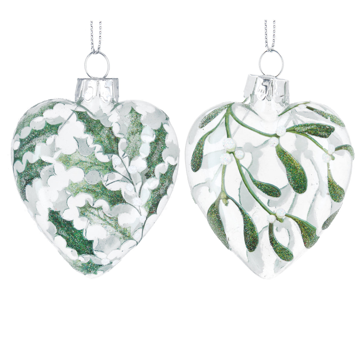 Gisela Graham - Clear Glass Heart with Vintage Holly or Mistletoe Christmas Tree Decoration / Bauble - Single