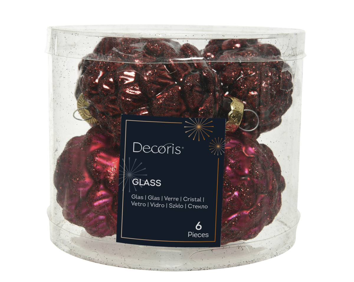Oxblood Dark Red Glass Shiny & Matte Pinecone Baubles - Tube of 6