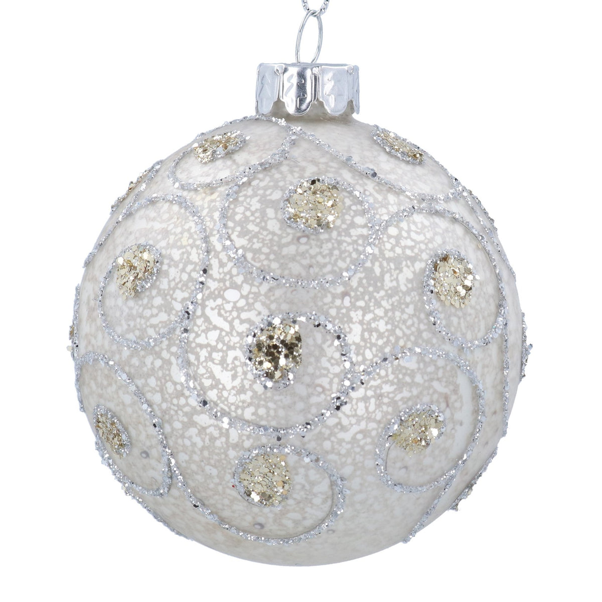 Gisela Graham - Antique Silver Ball with Silver & Gold Swirls Glass Ball Bauble - 8cm