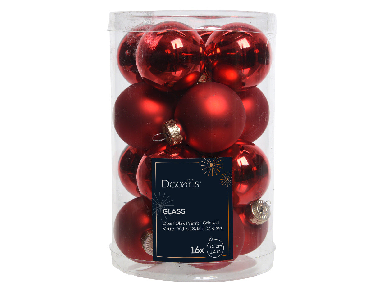 Set of 16 Matt and Shiny Christmas Red Glass Baubles