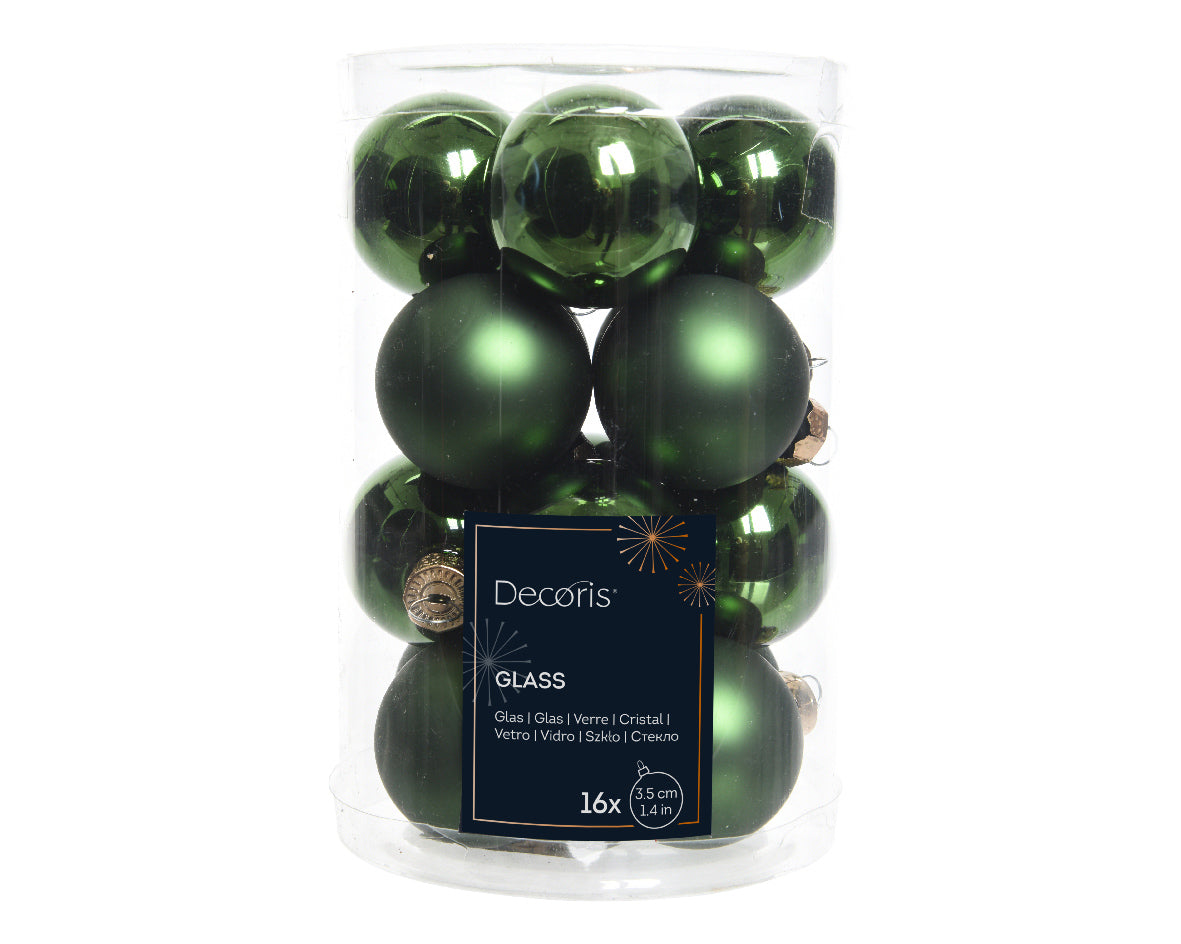 Set of 16 Matt and Shiny Pine Green Glass Baubles
