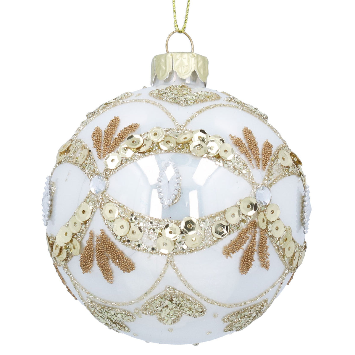 Gisela Graham White Pearl Glass Ball Bauble with Gold Decorative Scallops - 8cm