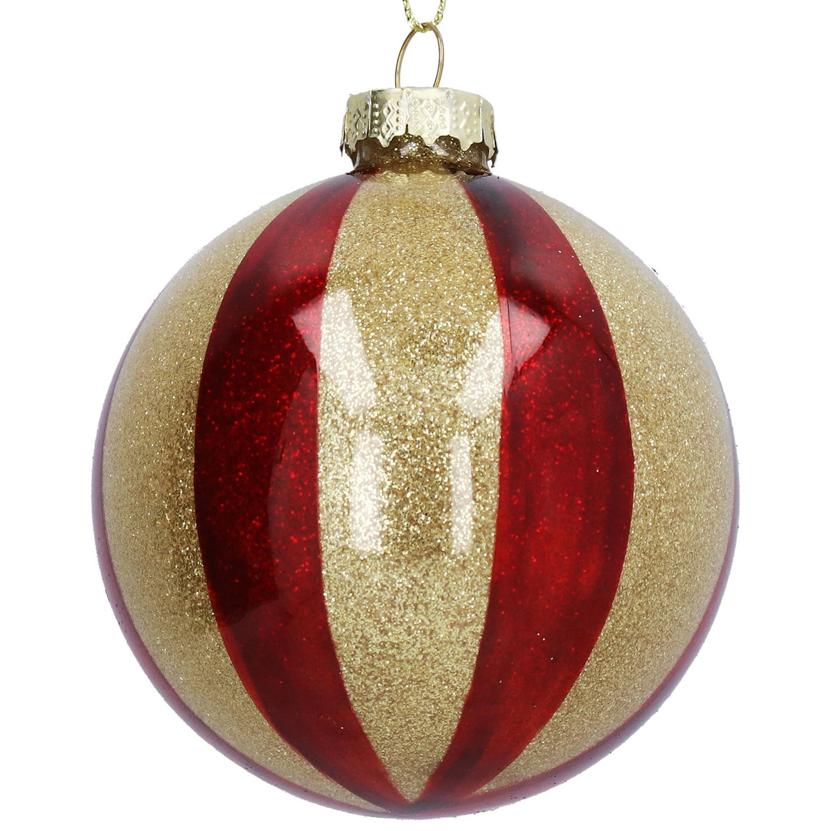 Gisela Graham Glass Christmas Bauble with Red and Gold Glitter Stripes